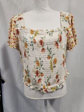 torrid White Floral Smocked Square-Neck Crop Top